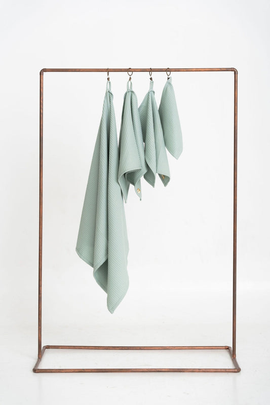 Organic Waffle Cotton Towel Set of 4 in Sage Green - Hanging Display \| NUSS |