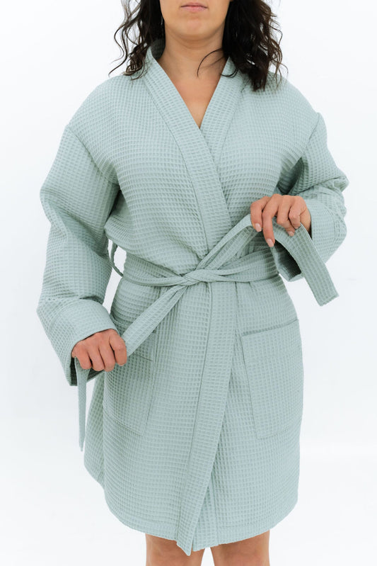 Short Waffle Fabric Robe for Women in Sage Green - Front View | NUSS
