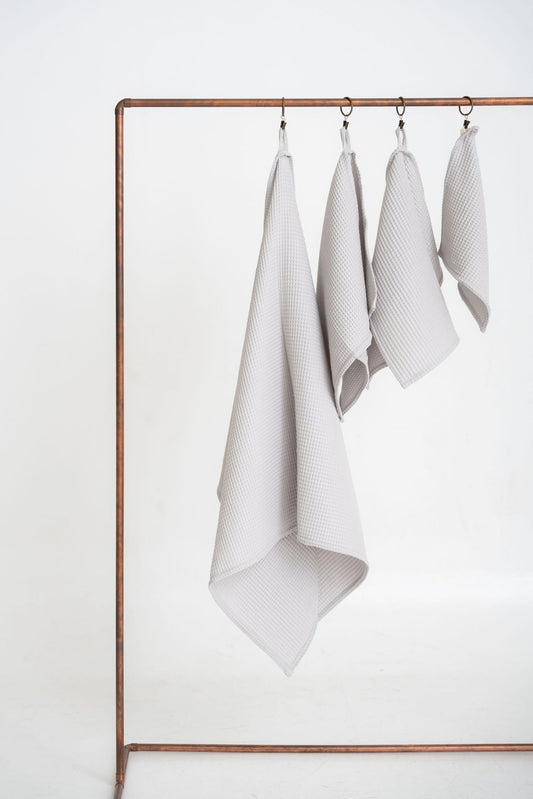 Organic Waffle Cotton Towel Set of 4 in Light Gray - Full Hanging Display | NUSS