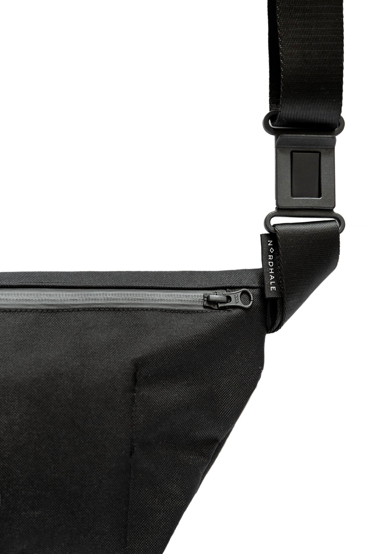 Zip deatail of OSLO Crossbody Bag front view in charcoal gray recycled felt, sustainable vegan bag