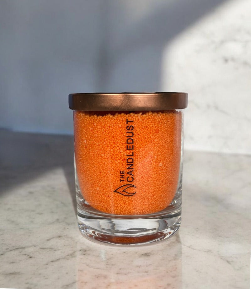 Refillable glass jar with vibrant Orange unscented candle wax 160g