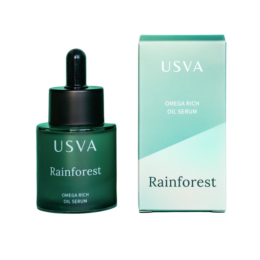 USVA Rainforest Omega Rich Oil Serum with dropper and packaging on a white background