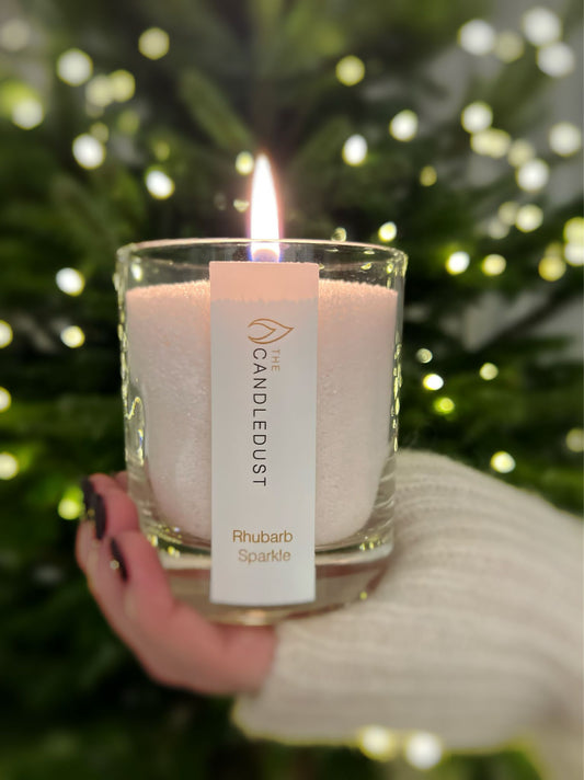 Close up of burning wick in powdered candle glass jar - Rhubarb Sparkle 160g
