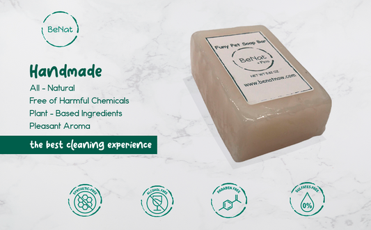 Features of BeNat Pets All-Natural Oat Pet Shampoo Bar 5.8 oz product box for dogs and cats