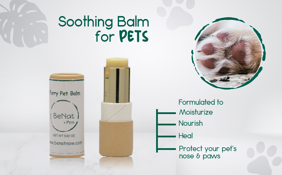 Feaures of BeNat Pets Furry Pet Balm 0.9 oz packaging for moisturizing dog paws and nose
