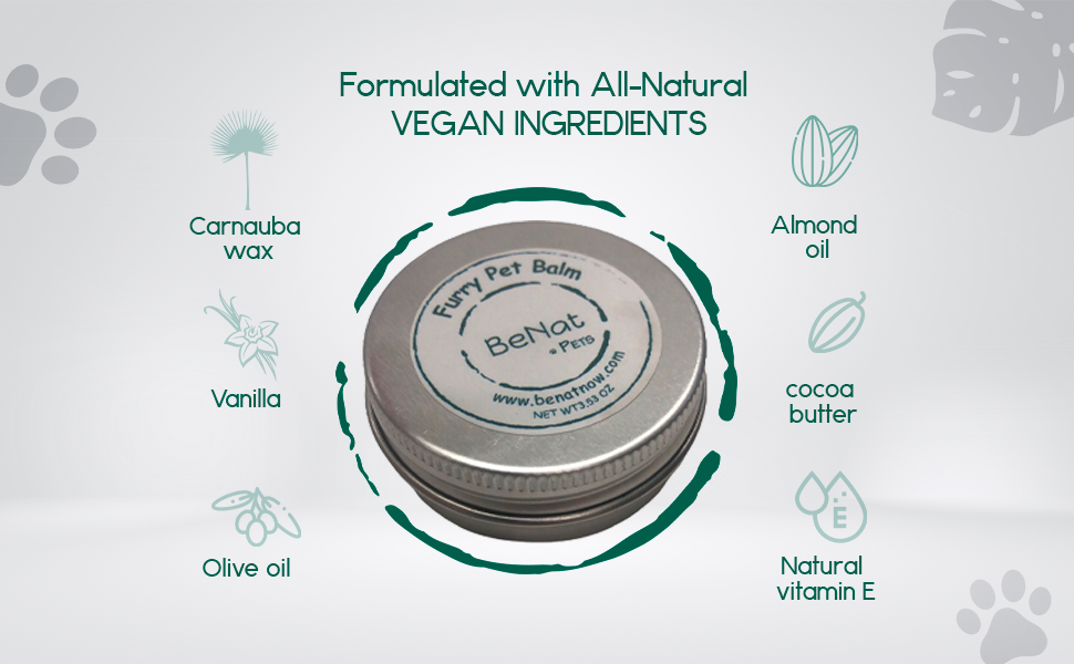 Other features of BeNat Pets Furry Pet Balm 0.9 oz packaging for moisturizing dog paws and nose