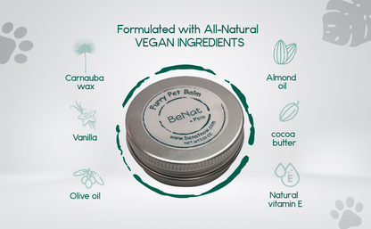 Other features of BeNat Pets Furry Pet Balm 0.9 oz packaging for moisturizing dog paws and nose