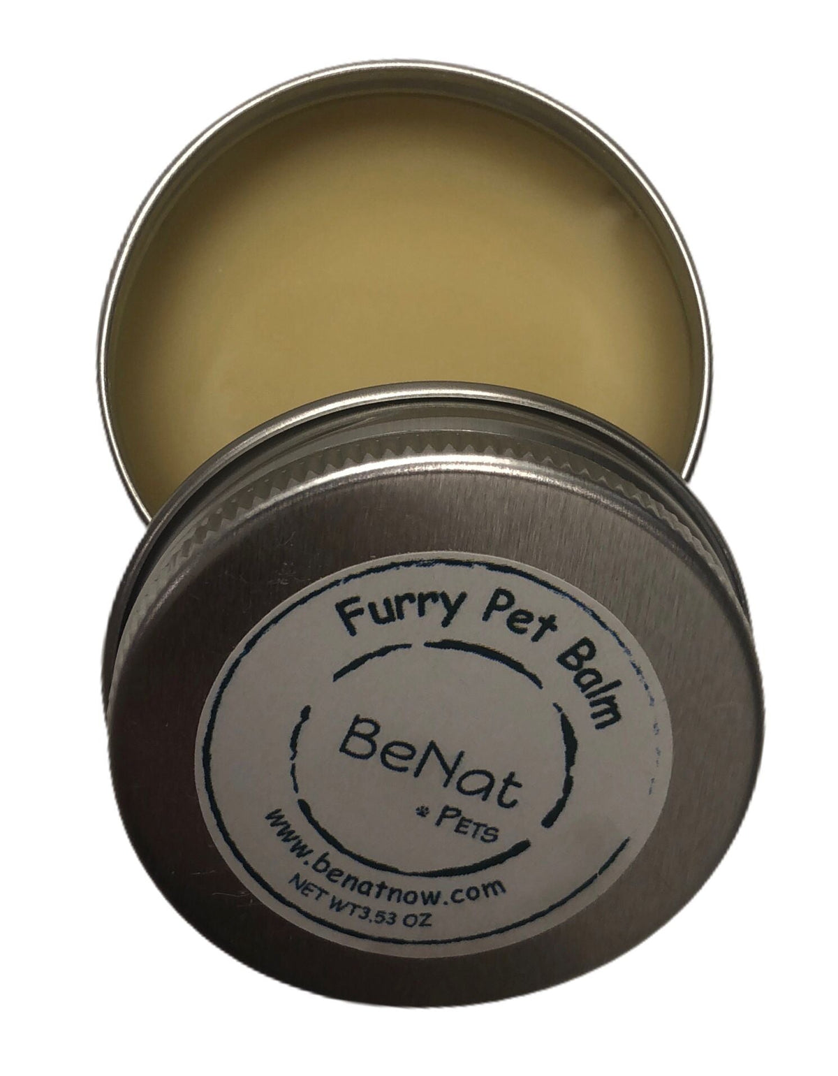 Compact metal tin container of BeNat Furry Pet Balm for portable travel care