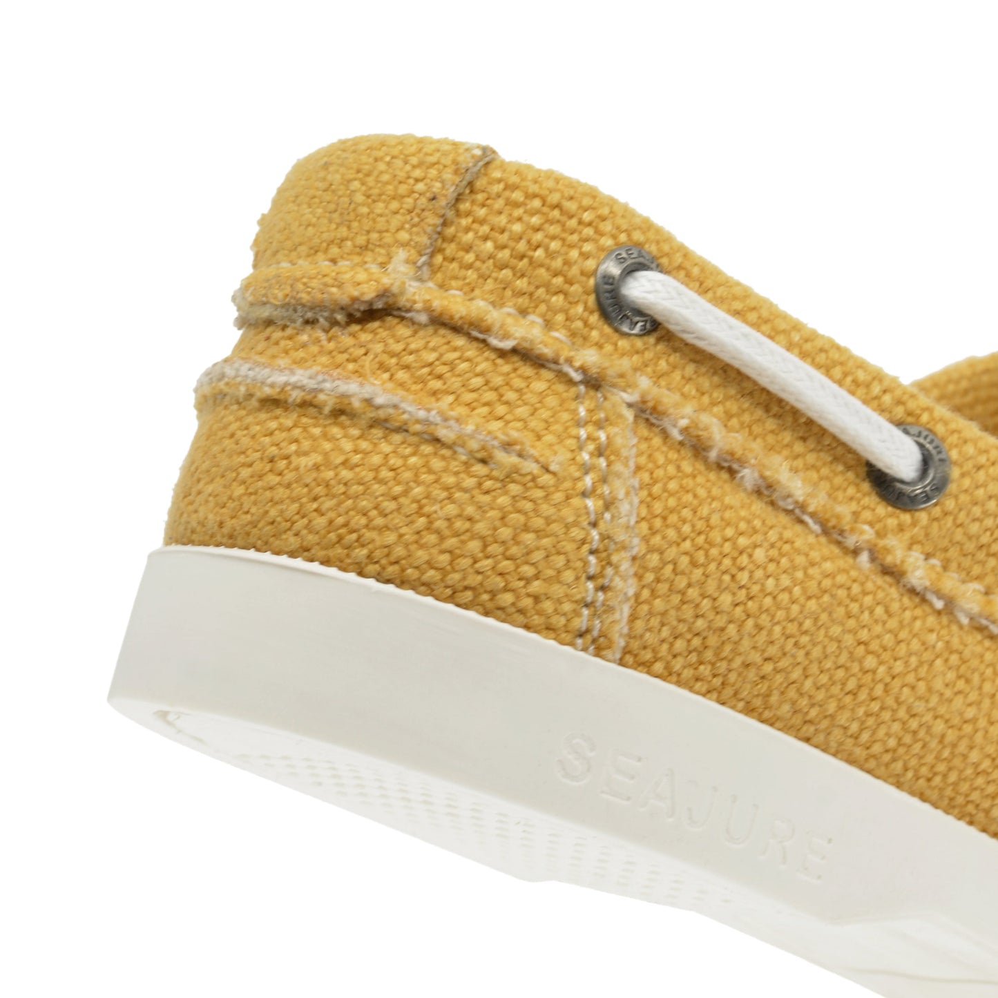 Close-up heel detail of Seajure Saharun showing organic hemp fabric texture