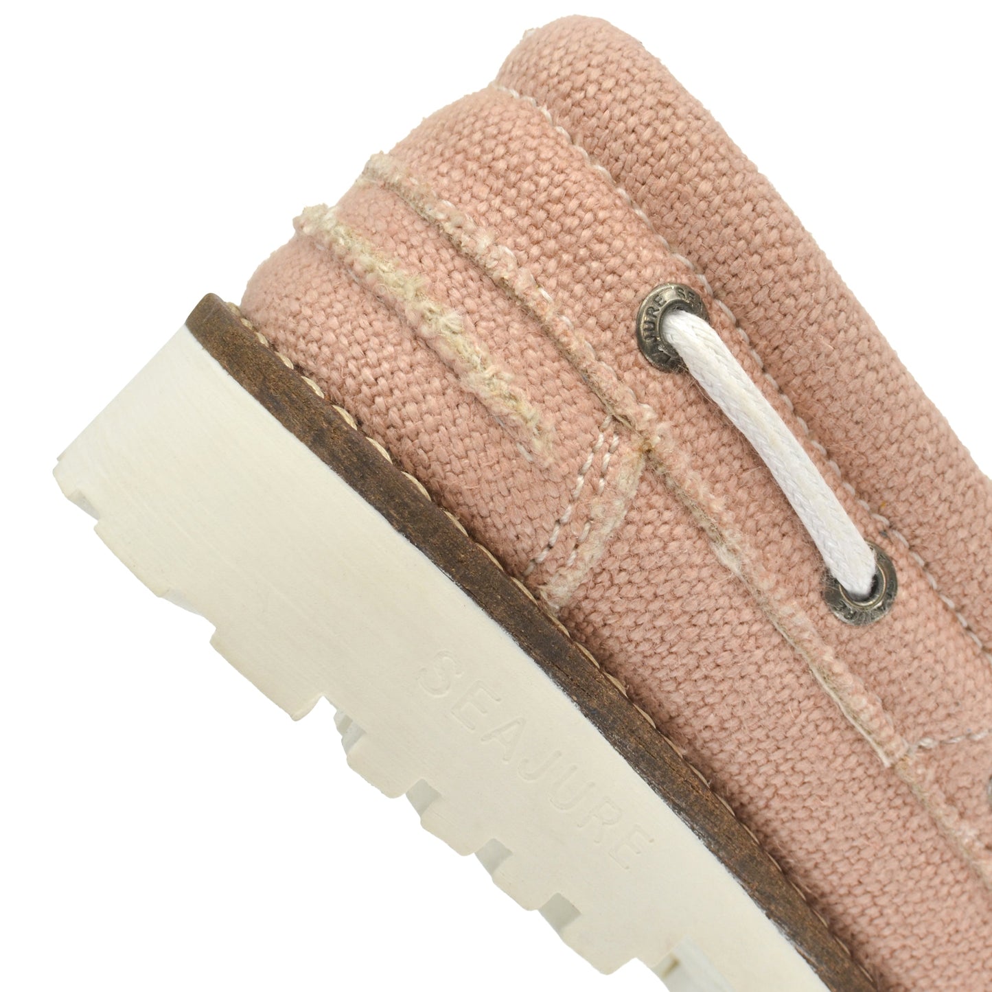 Close-up heel detail of Seajure Pasjaca showing organic hemp fabric texture