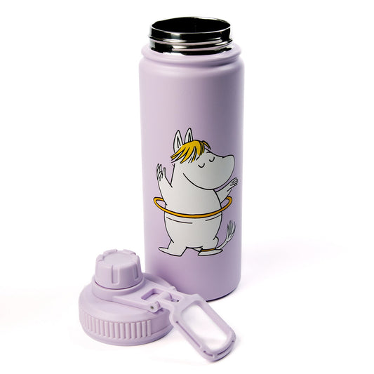 Moomin Snorkmaiden thermal everyday bottle shown with the leak-proof screw cap unscrewed and resting beside the standing bottle.