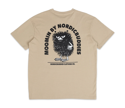 Back print detail of the Stinky Plotting T-Shirt Unisex Beige - Classic Moomin character illustration