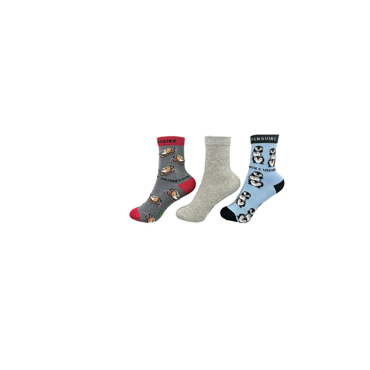 Other view of Nature's Friends 3-pack organic cotton kids socks bundle featuring penguin, robin, and plain styles | Eco Kiddies