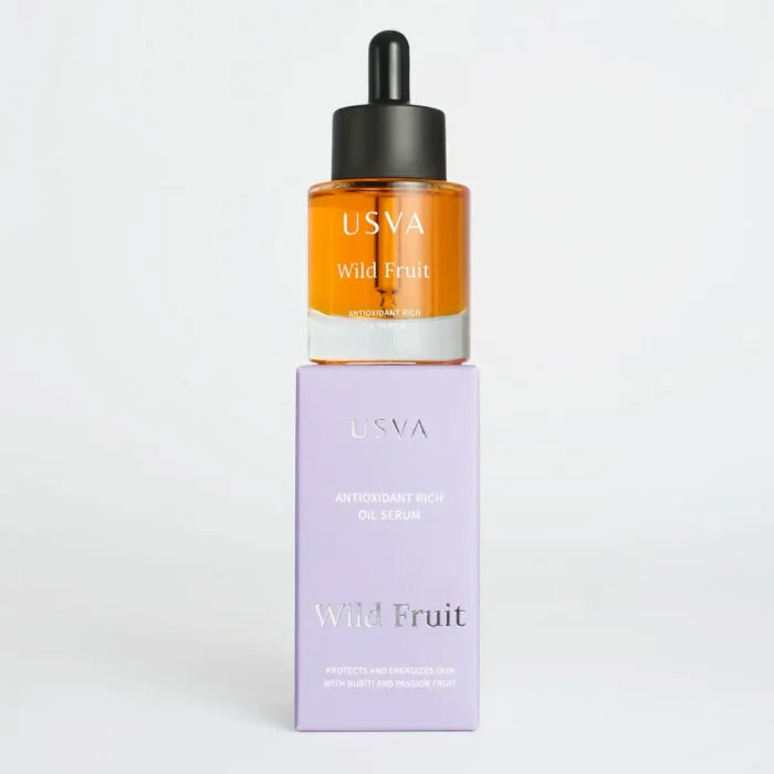 Front view of Usva cosmetics Wild Fruit Antioxidant Rich Oil Serum, 30ml with packaging