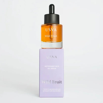 Front view of Usva cosmetics Wild Fruit Antioxidant Rich Oil Serum, 30ml with packaging