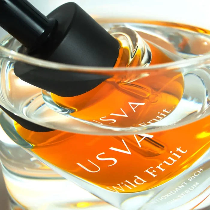 Close-up of USVA Cosmetics Wild Fruit Antioxidant Rich Oil Serum bottle