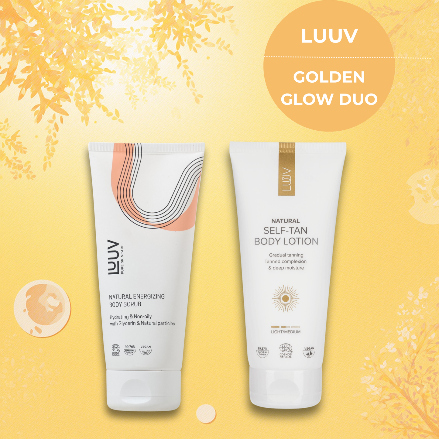 LUUV Golden Glow Duo: A complete organic tanning system featuring Sea Buckthorn Body Scrub (200ml) and Self-Tanning Body Lotion (200ml). Professional sunless tan set for smooth, streak-free results, COSMOS organic and vegan certified.