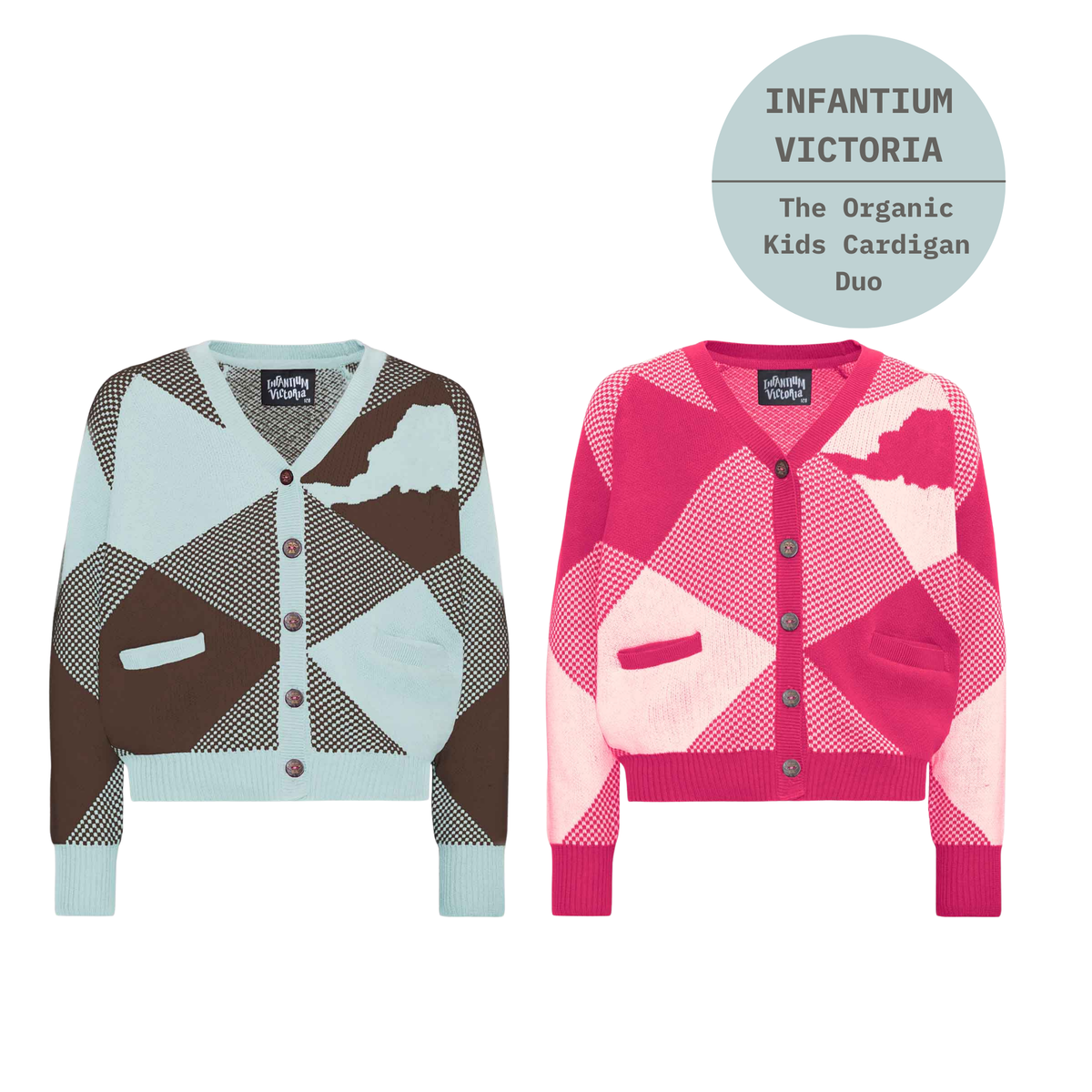 Infantium Victoria Organic Kids Cardigan Duo bundle featuring pink and white cardigan alongside chocolate brown and mint green cardigan