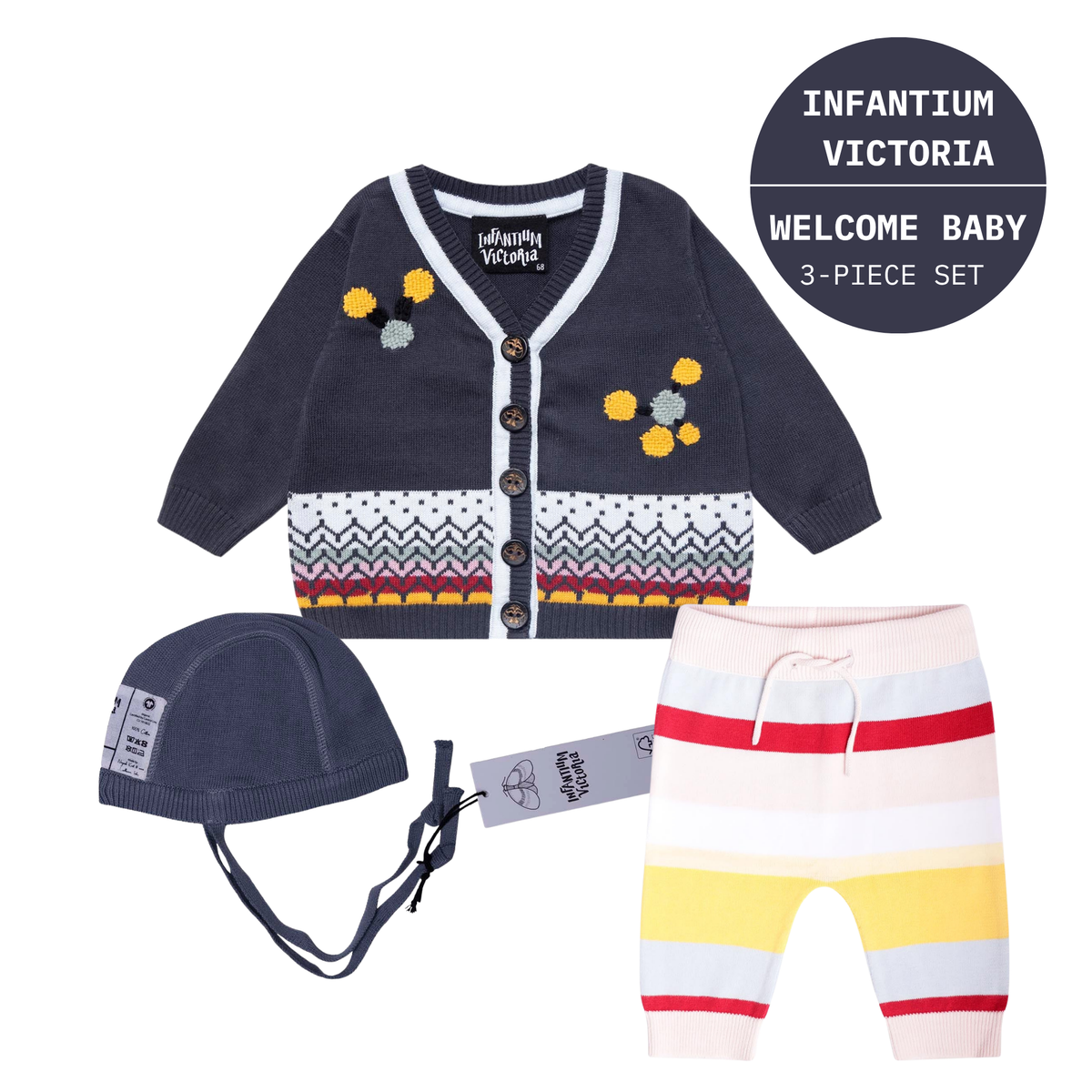 Infantium Victoria Welcome Baby set featuring grey hand-embroidered organic cotton cardigan, grey knitted bonnet, and pastel striped baby pants