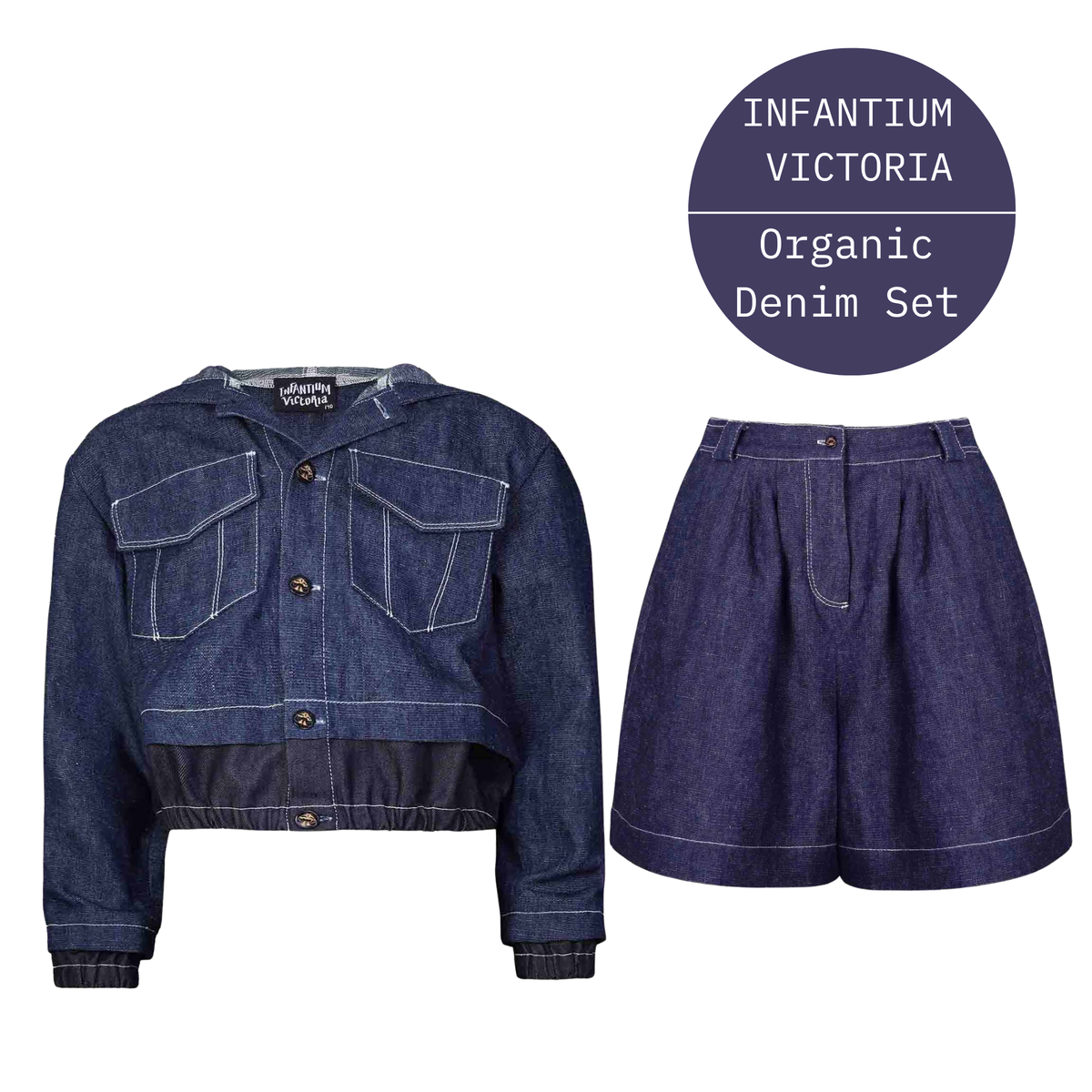 Infantium Victoria Organic Denim Set - Vegan Hemp Hooded Jacket and Wide Leg Culottes