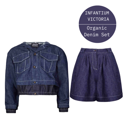 Infantium Victoria Organic Denim Set - Vegan Hemp Hooded Jacket and Wide Leg Culottes