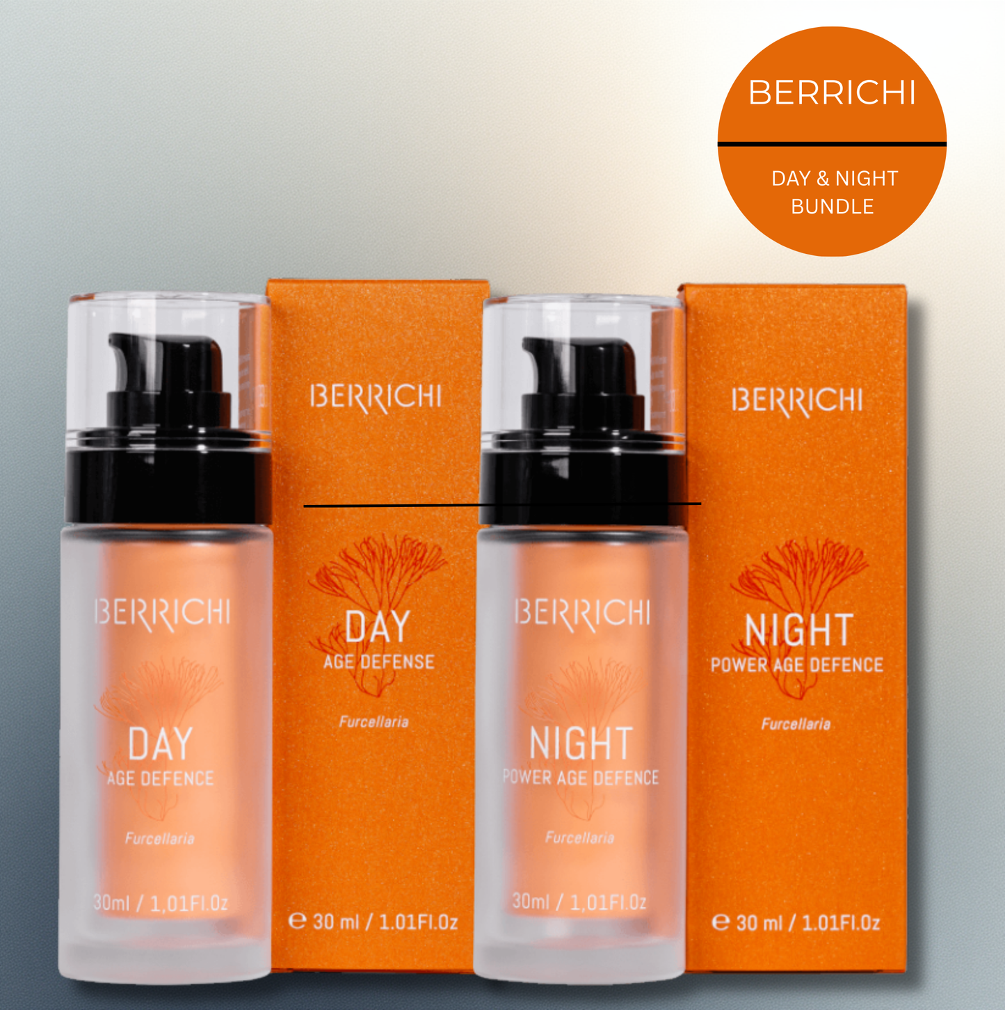 BERRICHI Ageless Daily Routine bundle: elegant Day and Night cream bottles with eco-friendly replaceable refills on a clean background, luxury marine algae skincare.