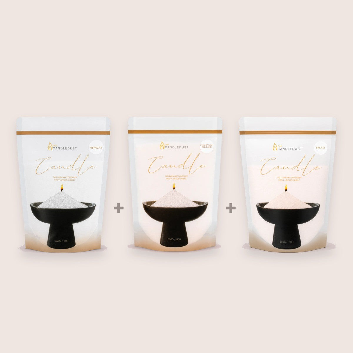 Candledust A Refill Trio set with Midnight, Champagne Rhubarb, and Breeze scented pearled candle sand refills, 3x350g bags