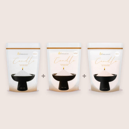 Candledust A Refill Trio set with Midnight, Champagne Rhubarb, and Breeze scented pearled candle sand refills, 3x350g bags