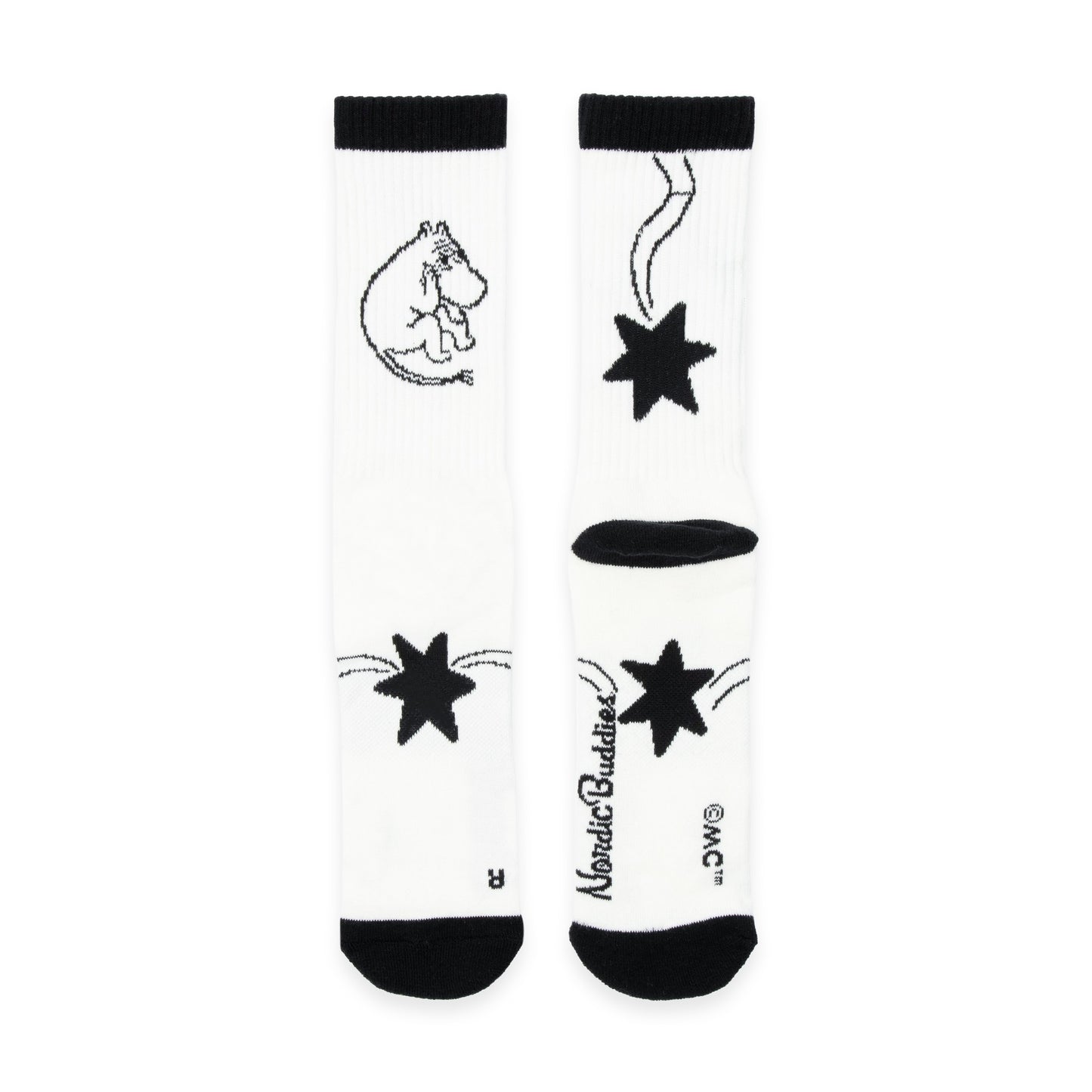 White socks with black star and Moomintroll designs on a white background
