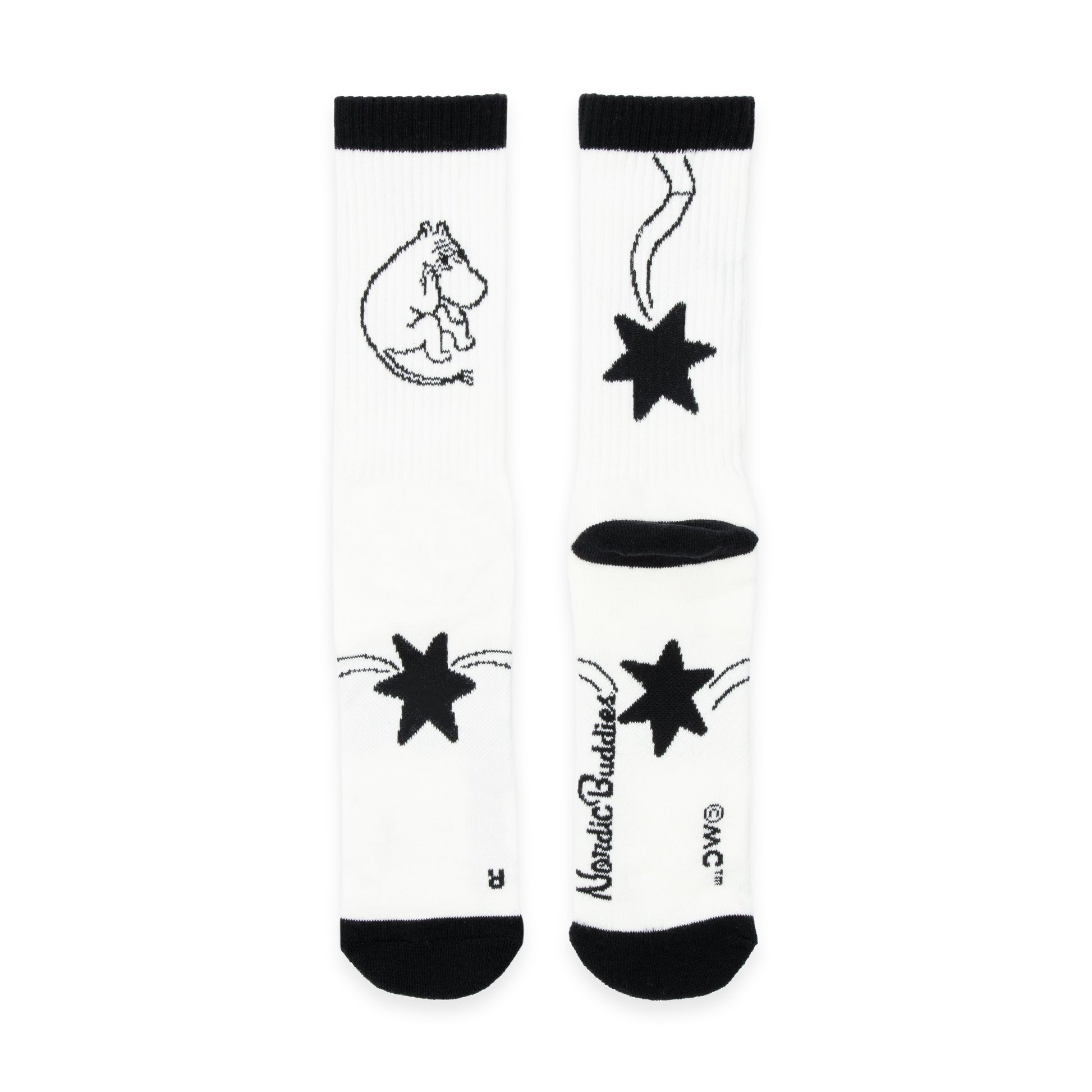 White socks with black star and Moomintroll designs on a white background
