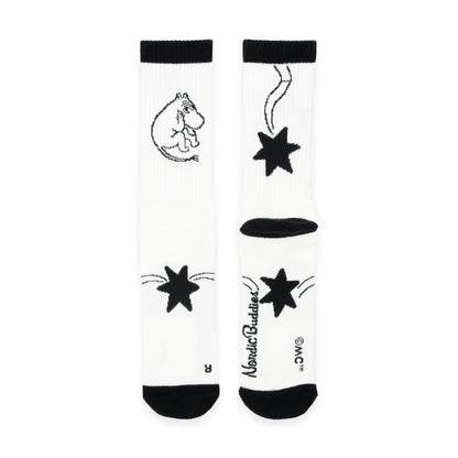White socks with black star and Moomintroll designs on a white background