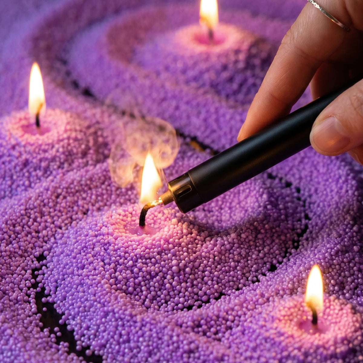 Close-up of a woman's hand lighting the cotton wick of an Amethyst pearled sand candle