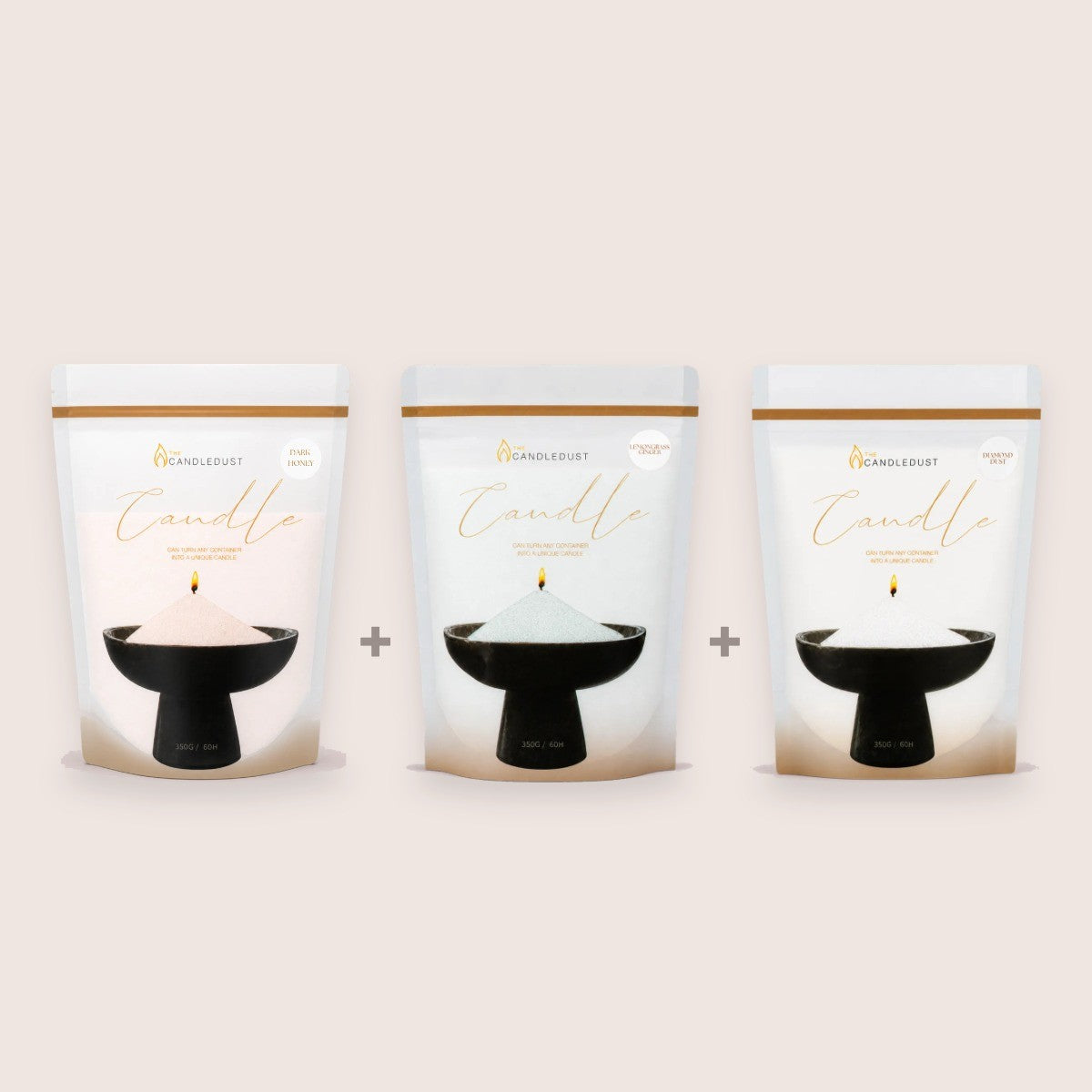 Candledust B Refill Trio set of three 350g pouches: Dark Honey, Lemongrass Ginger, and Diamond Dust scented sand