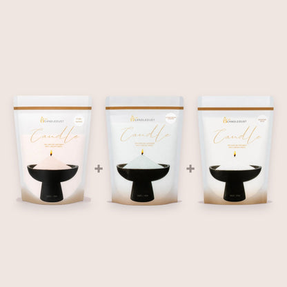 Candledust B Refill Trio set of three 350g pouches: Dark Honey, Lemongrass Ginger, and Diamond Dust scented sand