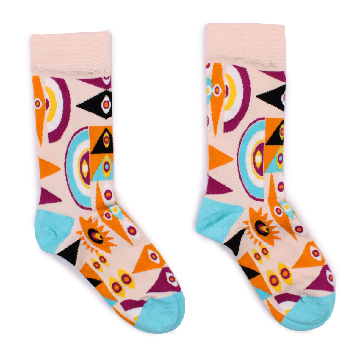 Pair of Hop Hare Psychedelic Evil Eye bamboo socks laid flat on a clean white background