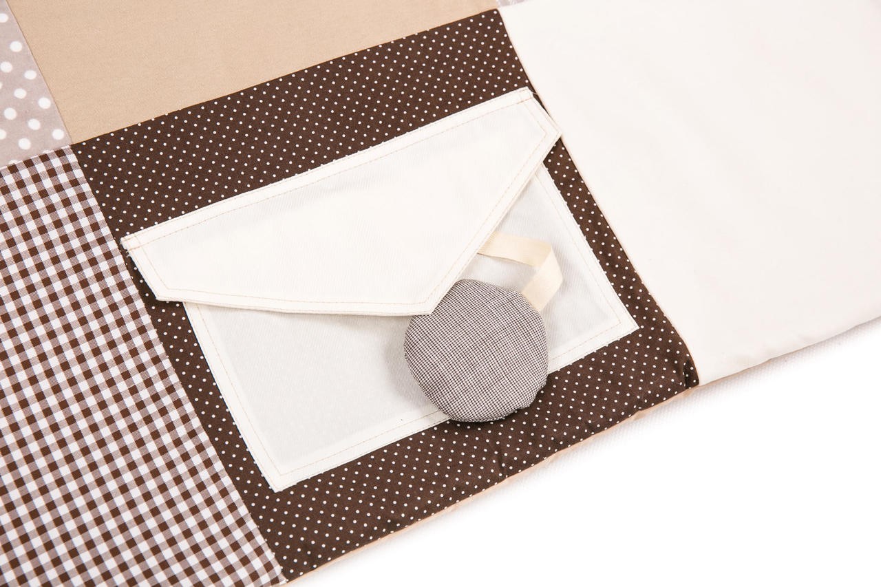 Eco-friendly soft baby play mat featuring hanging rattling and crinkling toys,100x100 Brown