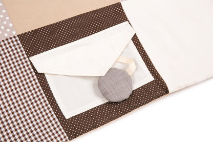 Eco-friendly soft baby play mat featuring hanging rattling and crinkling toys,100x100 Brown