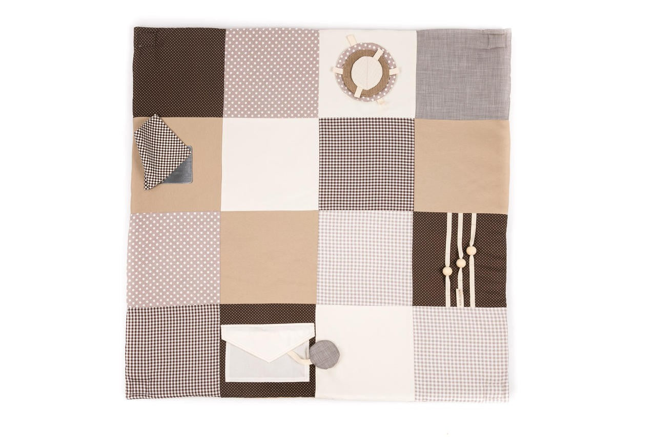 Eco-friendly soft baby play mat featuring hanging rattling and crinkling toys, 100x100cm - Brown