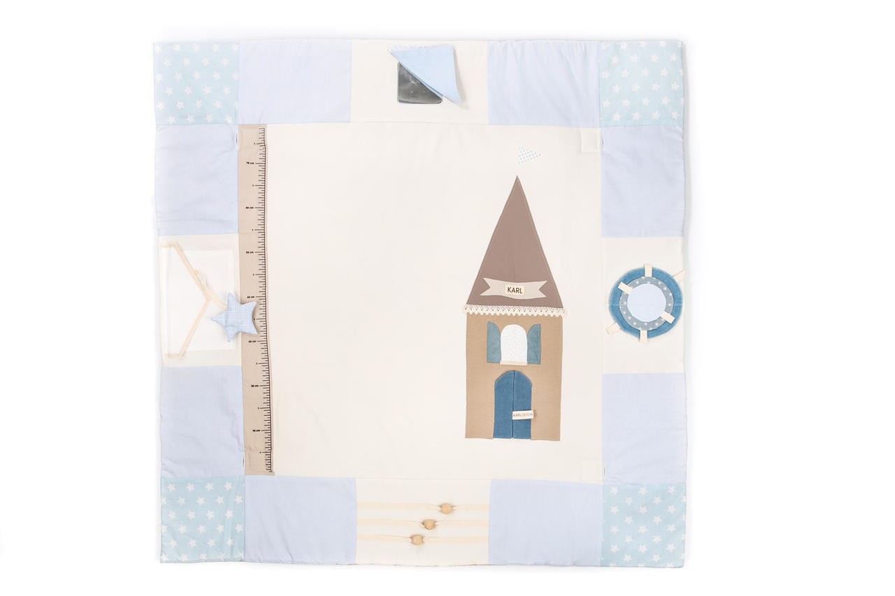 Eco-friendly soft baby play mat featuring hanging rattling and crinkling toys, 120x120cm - Blue