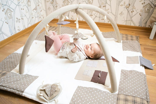 Handmade Nordic design baby play gym for newborn tummy time and exploration, 120x120cm - Brown