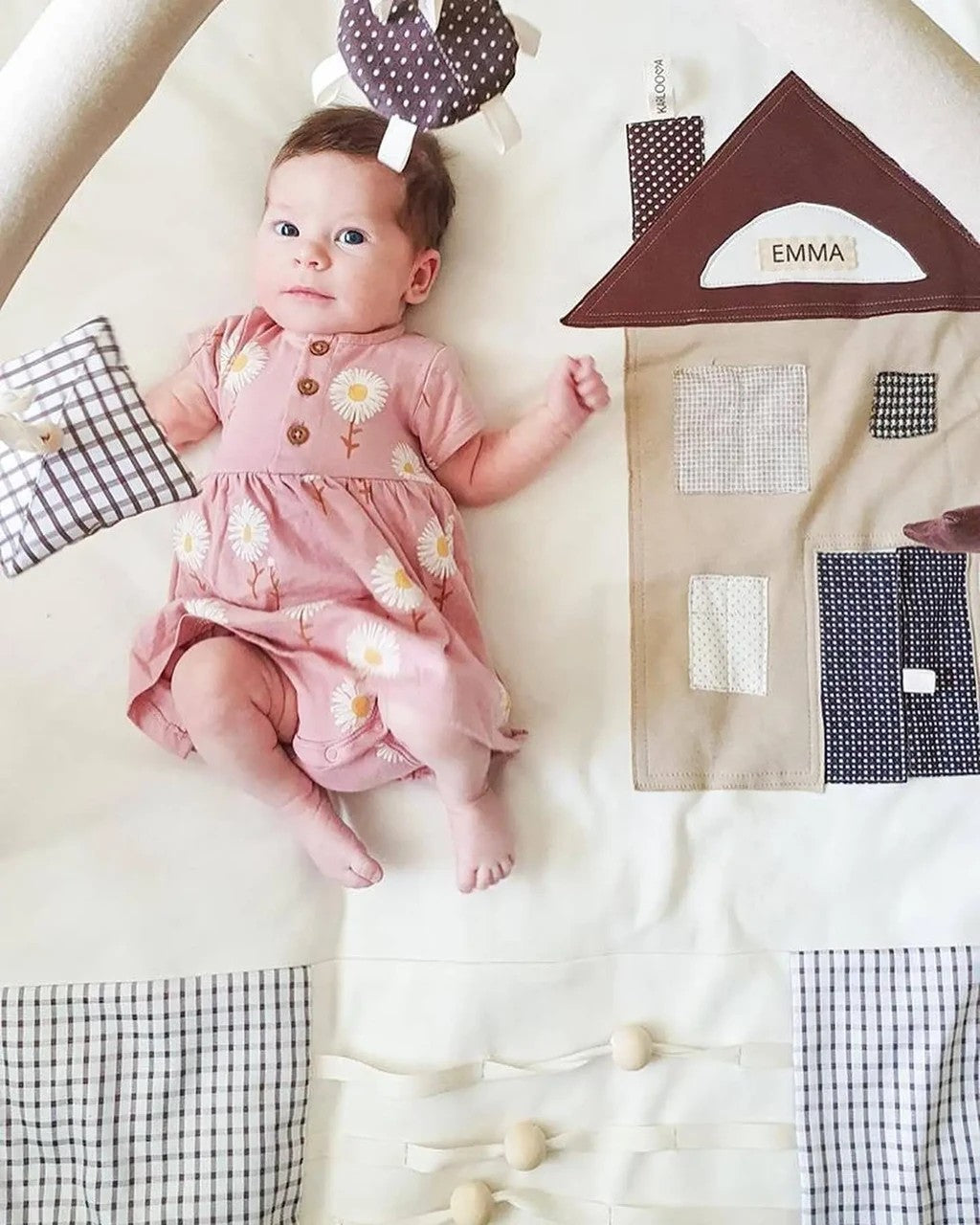 Baby on the Karloova organic cotton baby activity mat with sensory play arches, 120x120cm - Brown