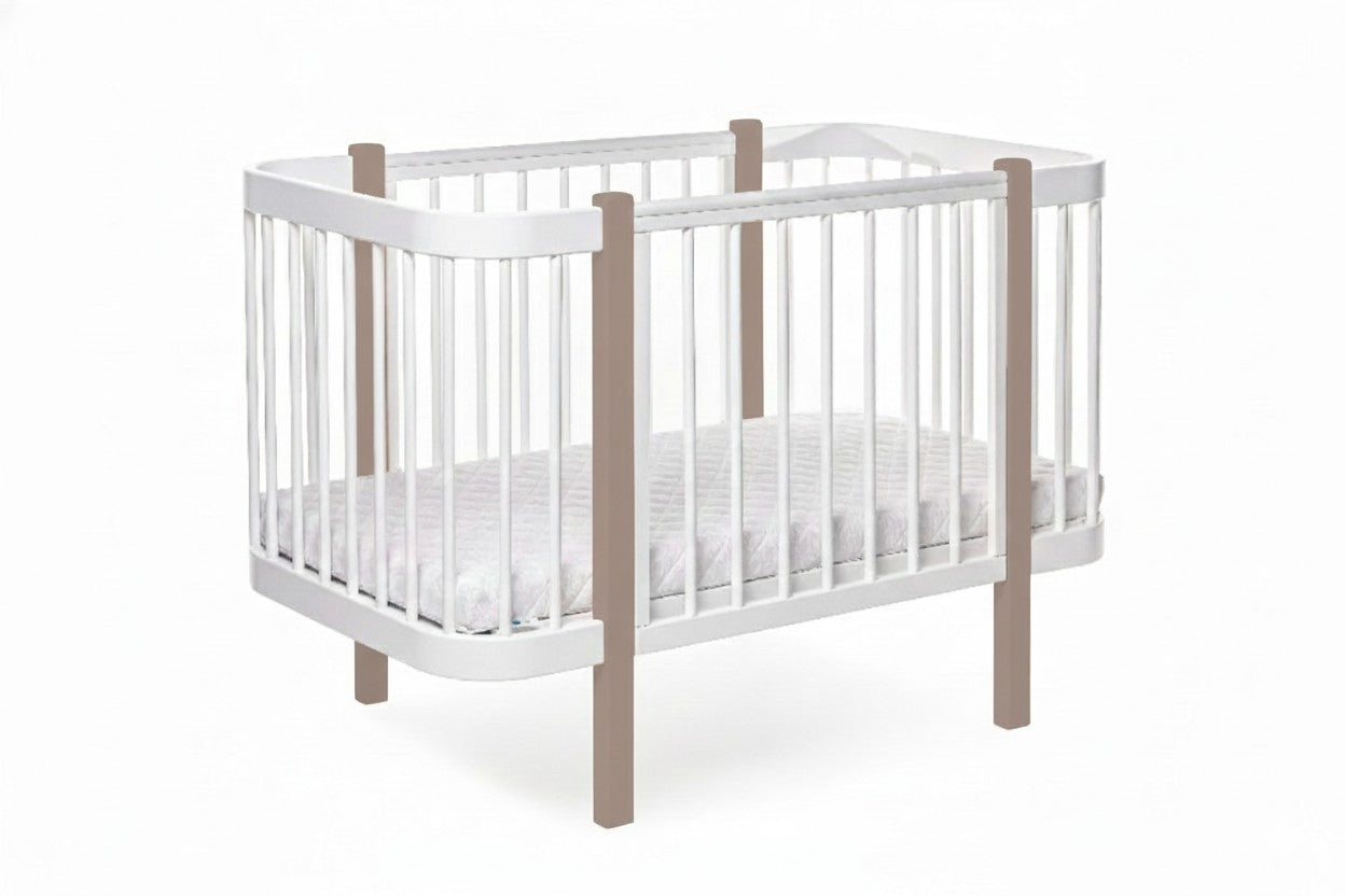 Front view of the two-tone cappuccino and white standard nursery cot