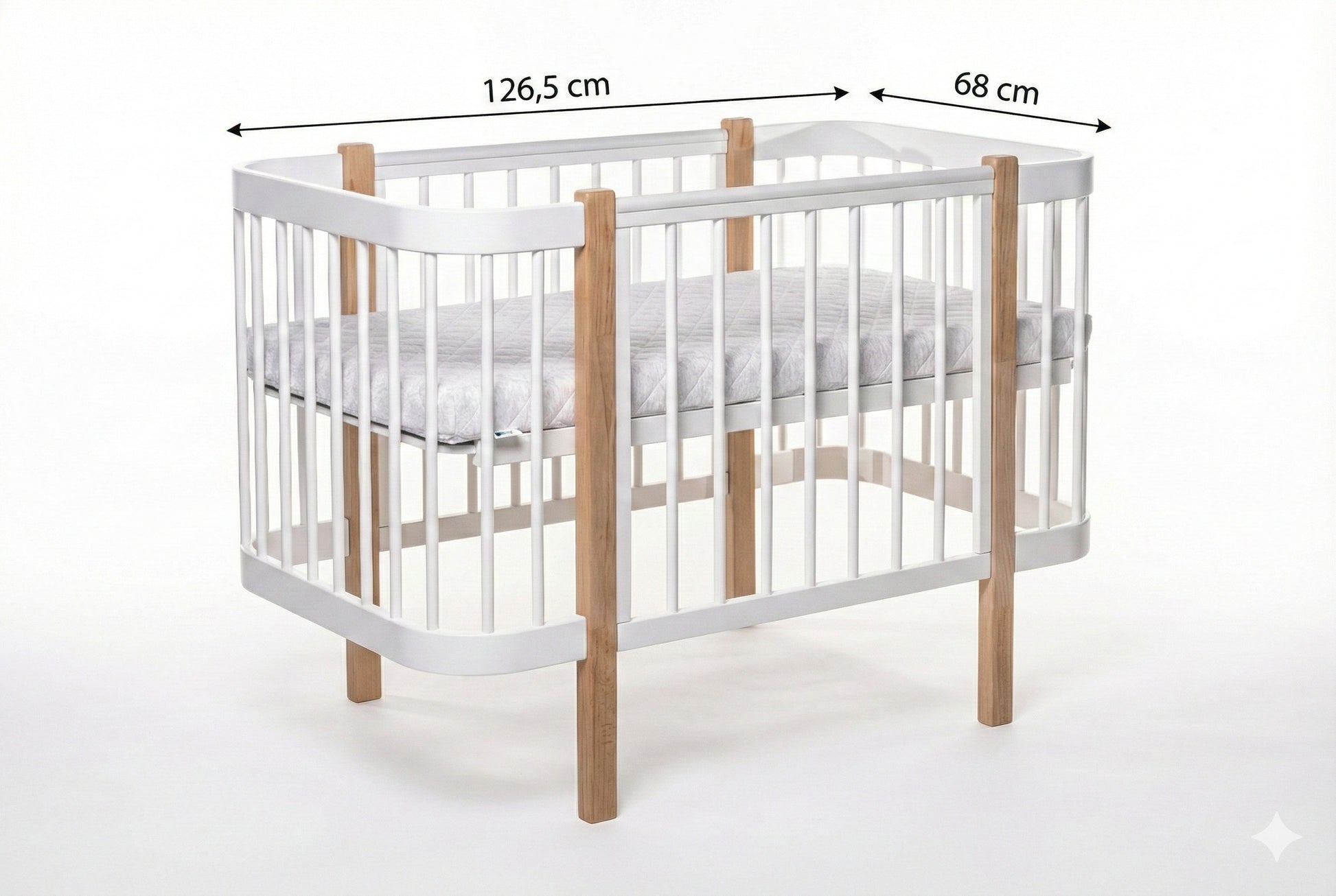 Measures of KOTTO Elin baby crib featuring a Scandinavian natural wood and white finish