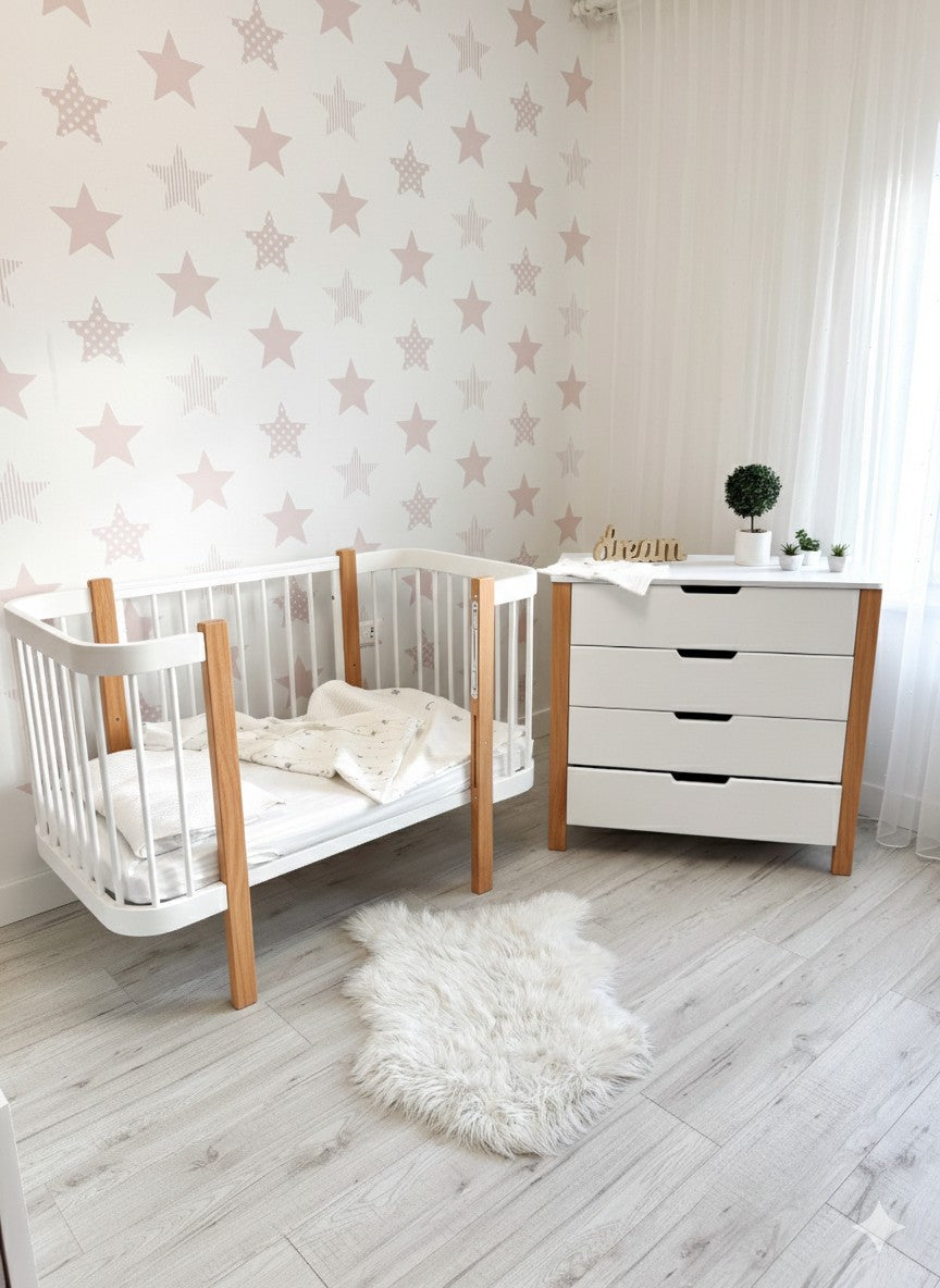 Complete KOTTO nursery set: Elin natural wood and white baby crib with mattress