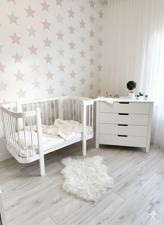 KOTTO Elin classic white wooden baby crib in a minimalist nursery