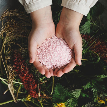 Baby Pink pearled candle wax granules held in cupped hands over a garden planter vase