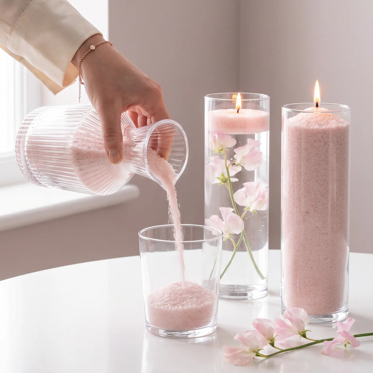 Woman pouring Baby Pink pearled candle sand into a glass holder on a white table next to two burning sand candles
