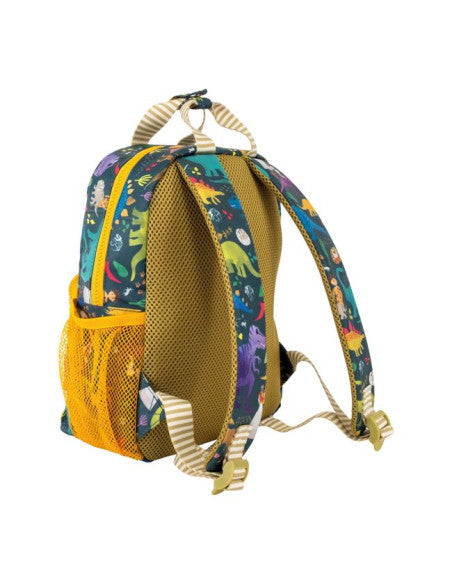 Back view Floss and Rock Dinosaur Backpack, lightweight and durable children's backpack with adjustable straps and colorful themed design.