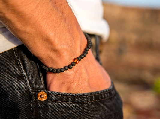 Baltic Amber and Black Lava Bracelet for Men