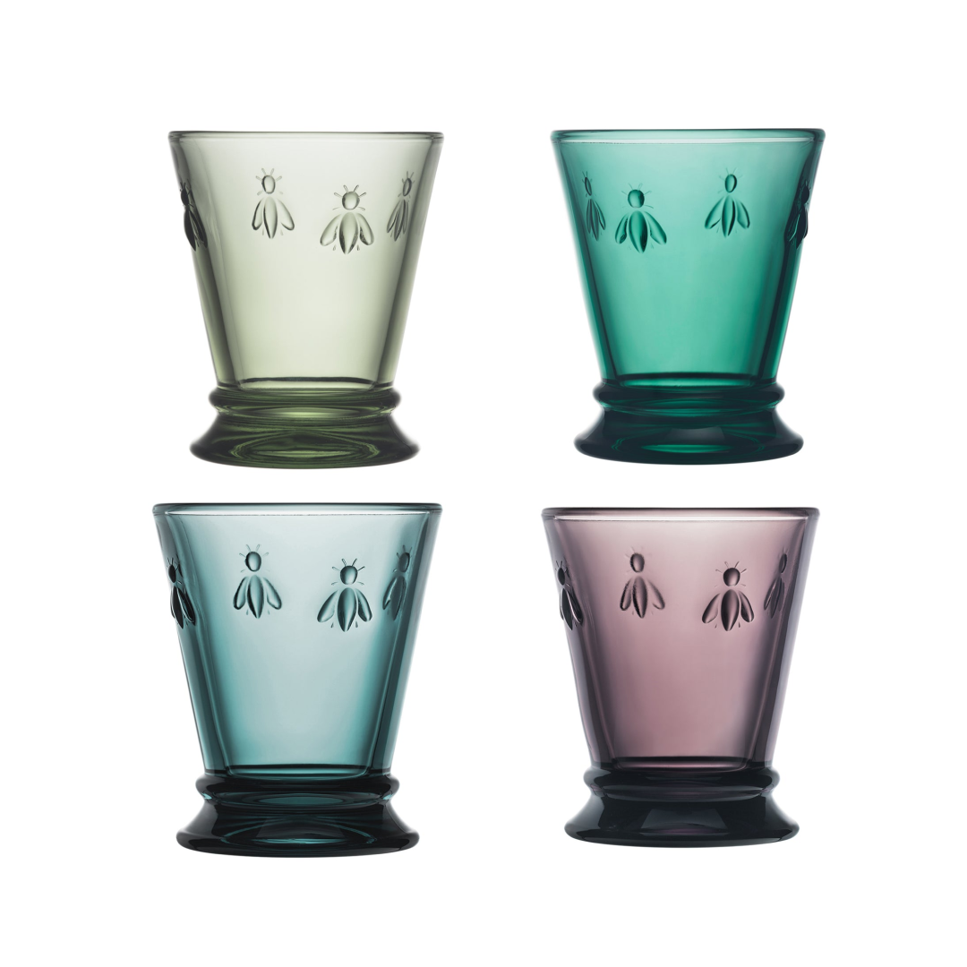 Set of 4 La Rochère Bee water glasses 250ml in mixed colors: eggplant, emerald, green, and blue